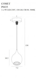 Pendul Comet Drop Maxlight Negru -P0435  Culoare: Negru   Dimensiuni: Diametru 7.2cm, Inaltime 150cm (max)  Material: Metal  Becuri: 1 x 5W LED 230V, 430 LM, CRI 80, 3000K