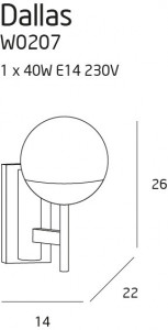 Aplica perete Dallas Maxlight Auriu -W0207  Culoare: Auriu  Dimensiuni: Lungime 22cm, Latime 14cm Inaltime 26cm  Material structura: Metal  Materail abajur: Sticla  Becuri: 1 x 40W E14 230V - nu este inclus