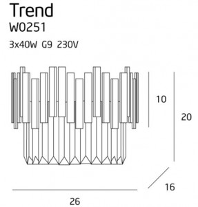 Aplica perete Trend  Maxlight Auriu -W0251  Culoare: Auriu  Dimensiuni: Lungime 26cm, Latime 16cm, Inaltime 20cm (max)  Material structura: Metal  Material abajur: Sticla  Becuri: 3 x 40W G9 230V