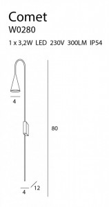 Aplica perete Comet Maxlight Negru -W0280  Culoare: Negru   Dimensiuni: Lungime 12cm, Latime 4cm, Inaltime 80cm (max)  Material: Metal, Acrilic  Becuri: 1 x 3,2W LED 230V, 300LM, IP54, 3000K
