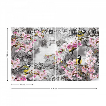 Birds And Cherry Blossom Flowers Vintage Design Photo Wallpaper Wall Mural