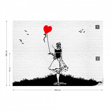 Black And White Brick Wall Graffiti Girl And Heart Balloon Photo Wallpaper Wall Mural