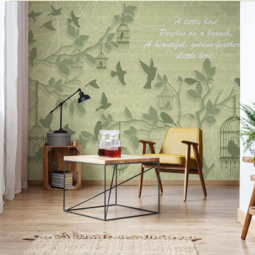 Cherry Blossom And Birds Vintage Design Green Photo Wallpaper Wall Mural