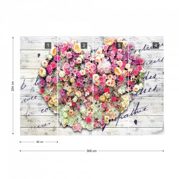 Flowers Heart Wood Planks Vintage Script Photo Wallpaper Wall Mural