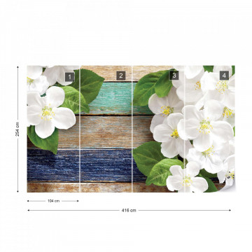 Flowers On Painted Wood Plank Texture Photo Wallpaper Wall Mural