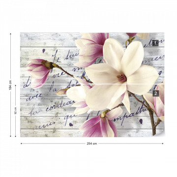 Magnolia Flowers Vintage Script Wood Texture Photo Wallpaper Wall Mural