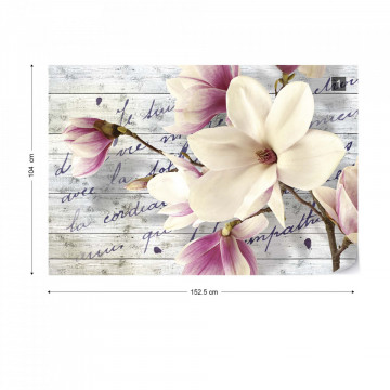 Magnolia Flowers Vintage Script Wood Texture Photo Wallpaper Wall Mural