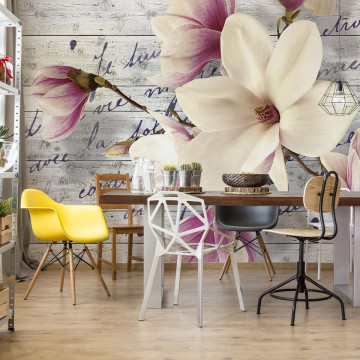 Magnolia Flowers Vintage Script Wood Texture Photo Wallpaper Wall Mural