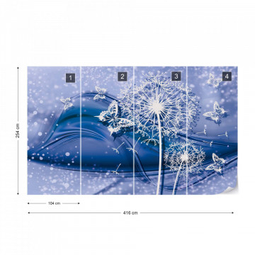 Modern Butterflies And Dandelions Blue Photo Wallpaper Wall Mural