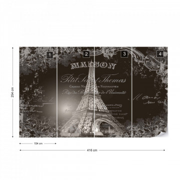 Paris Eiffel Tower Vintage Script Black And White Photo Wallpaper Wall Mural