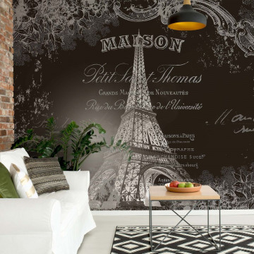 Paris Eiffel Tower Vintage Script Black And White Photo Wallpaper Wall Mural