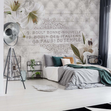 Vintage Chic Flowers Wood Planks French Script Photo Wallpaper Wall Mural