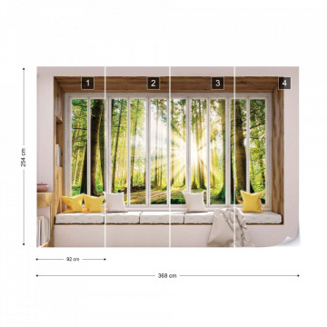 3D Window View Forest Sunrise Photo Wallpaper Wall Mural