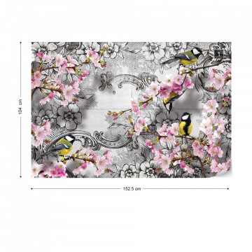 Birds And Cherry Blossom Flowers Vintage Design Photo Wallpaper Wall Mural