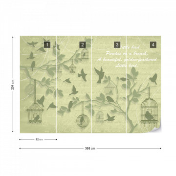 Cherry Blossom And Birds Vintage Design Green Photo Wallpaper Wall Mural