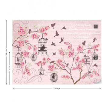 Cherry Blossom And Birds Vintage Design Pink Photo Wallpaper Wall Mural