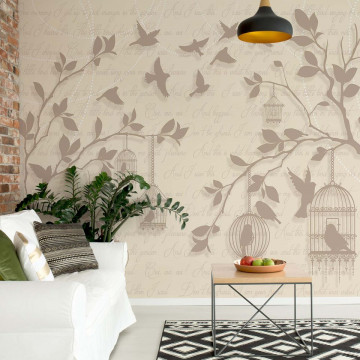 Cherry Blossom And Birds Vintage Design Yellow Photo Wallpaper Wall Mural