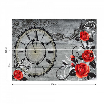 Clock And Roses Vintage Wood And Floral Design Photo Wallpaper Wall Mural