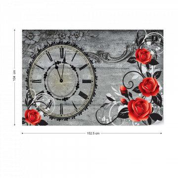 Clock And Roses Vintage Wood And Floral Design Photo Wallpaper Wall Mural