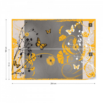 Flowers And Butterflies Modern Design Yellow Photo Wallpaper Wall Mural