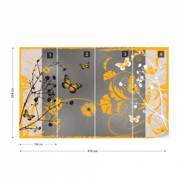 Flowers And Butterflies Modern Design Yellow Photo Wallpaper Wall Mural