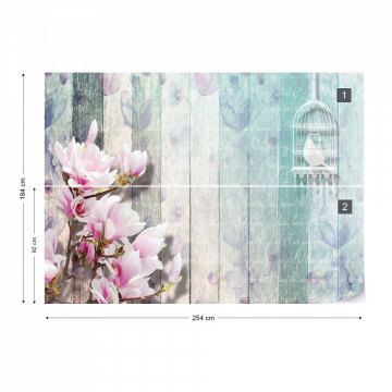 Flowers Vintage Script Rustic Painted Wood Planks Photo Wallpaper Wall Mural