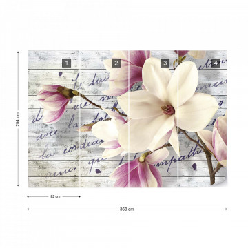 Magnolia Flowers Vintage Script Wood Texture Photo Wallpaper Wall Mural