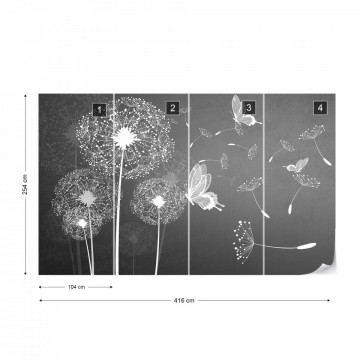 Modern Dandelions And Butterflies In Grey Photo Wallpaper Wall Mural