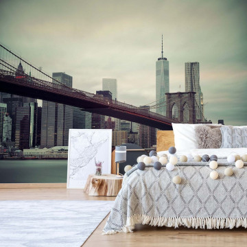 Sepia New York City Skyline Brooklyn Bridge Photo Wallpaper Wall Mural