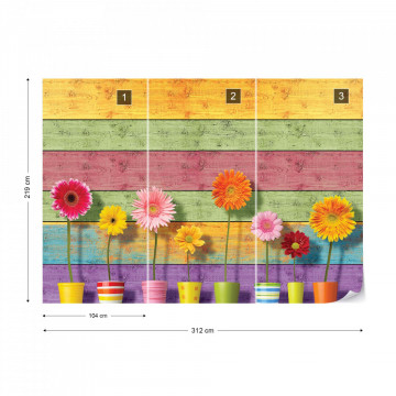 Sunny Flowers And Colourful Wood Planks Photo Wallpaper Wall Mural