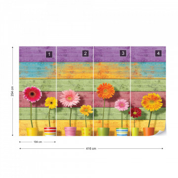 Sunny Flowers And Colourful Wood Planks Photo Wallpaper Wall Mural