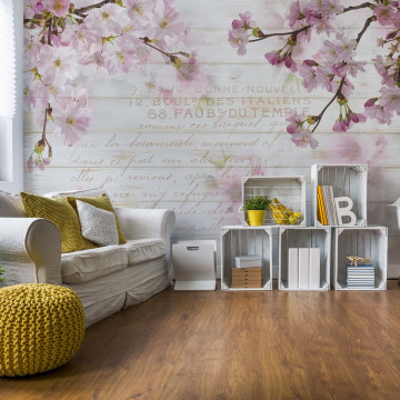 Vintage Chic Cherry Blossom Wood Planks Photo Wallpaper Wall Mural