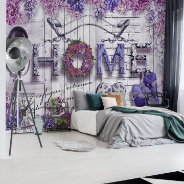 Vintage Chic "Home" Flowers And Wood Texture Photo Wallpaper Wall Mural