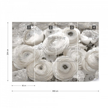 White Peonies Vintage Script Black And White Photo Wallpaper Wall Mural