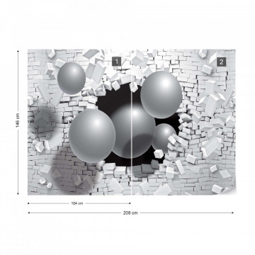 3D Balls Bursting Through Brick Wall Photo Wallpaper Wall Mural