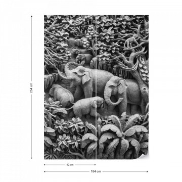 3D Carved Wood Jungle Elephants Black And White Photo Wallpaper Wall Mural
