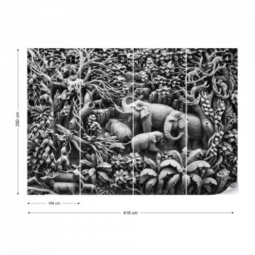 3D Carved Wood Jungle Elephants Black And White Photo Wallpaper Wall Mural
