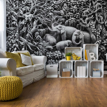 3D Carved Wood Jungle Elephants Black And White Photo Wallpaper Wall Mural