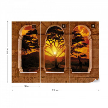 Africa Sunset Tree Silhouette View Through Stone Arches Photo Wallpaper Wall Mural