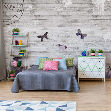 Butterflies Lavender Flowers Vintage Wood Design Photo Wallpaper Wall Mural