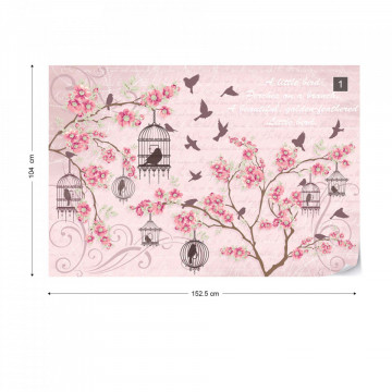 Cherry Blossom And Birds Vintage Design Pink Photo Wallpaper Wall Mural
