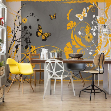 Flowers And Butterflies Modern Design Yellow Photo Wallpaper Wall Mural