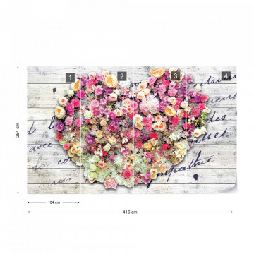 Flowers Heart Wood Planks Vintage Script Photo Wallpaper Wall Mural