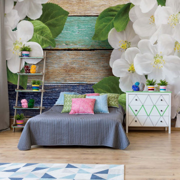 Flowers On Painted Wood Plank Texture Photo Wallpaper Wall Mural