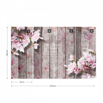 Flowers Vintage Script Rustic Wood Planks Photo Wallpaper Wall Mural