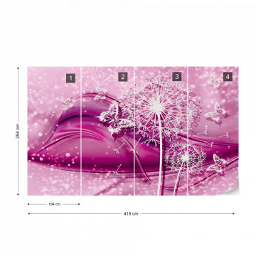 Modern Butterflies And Dandelions Pink Photo Wallpaper Wall Mural