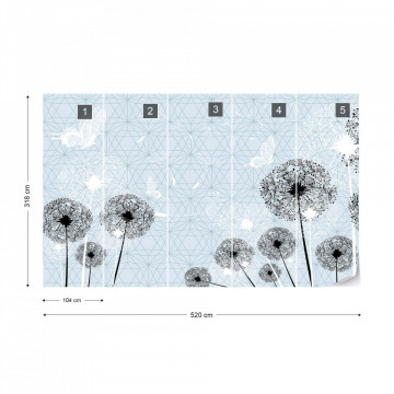 Modern Dandelions And Butterflies Design Light Lue Photo Wallpaper Wall Mural