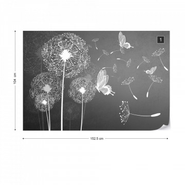 Modern Dandelions And Butterflies In Grey Photo Wallpaper Wall Mural