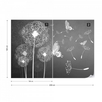 Modern Dandelions And Butterflies In Grey Photo Wallpaper Wall Mural