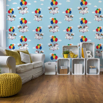 Unicorns And Balloons Pattern Blue Photo Wallpaper Wall Mural